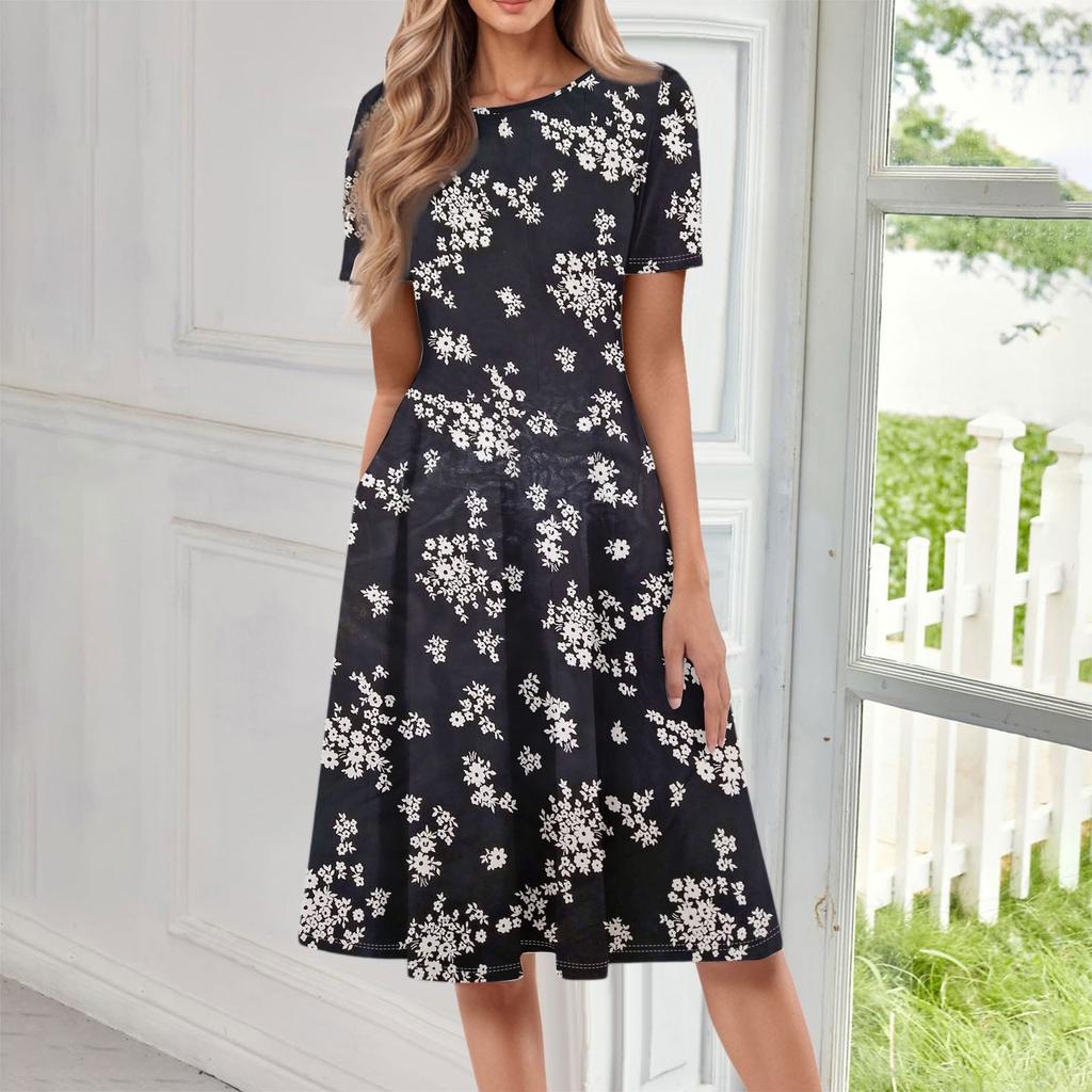 Women's Casual Fashion Round Neck Short Sleeve Floral Print Midi Dress