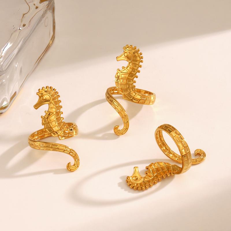 Stainless Steel Gold Color Seahorse Rings for Women Men Minimalist Metal Adjustable Open Rings Waterproof Stylish Jewelry Femme