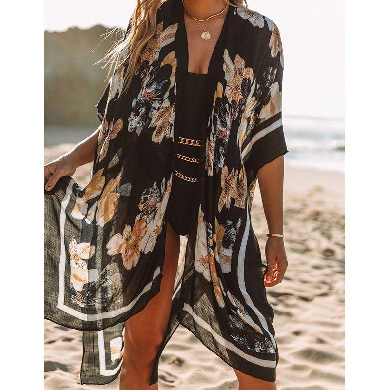

Mid Length Slit Print Beach Sun Cover Up Resort Style Positioning flower Black All yards