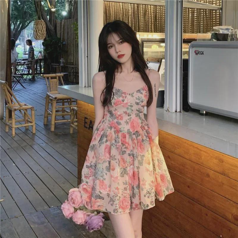 High-Waisted Floral Suspender A-Line Dress - French Spring/Summer Style.