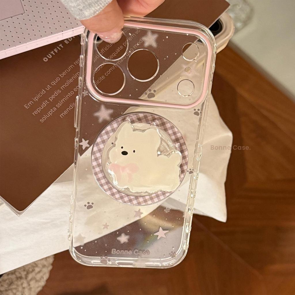 Gray Pink Star iPhone 16 Transparent Case with Puppy Magnetic Stand (Fits iPhone 13-17) - Korean Style