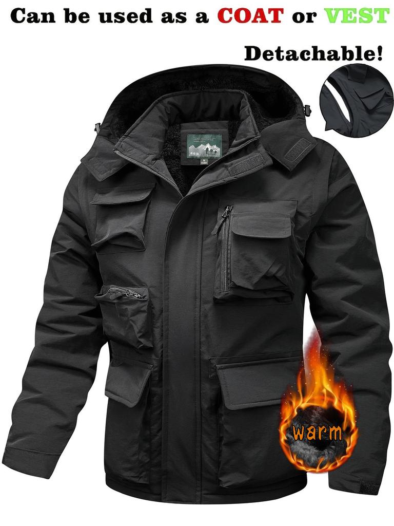 Herren Winddichter Parka mit abnehmbaren Ärmeln: Frühlings-/Herbst-Jacke mit mehreren Taschen, lockerer Schnitt, Übergröße, Freizeit-Arbeitskleidung