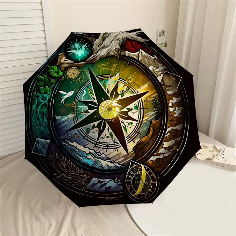 

1PC Compass NatureAutomatic Open/Close Umbrella with Windproof, 8-Rib Sturdy Canopy, Durable Ribs, Fashionable Design, Outdoor Accessory, Fun Prin, Ho