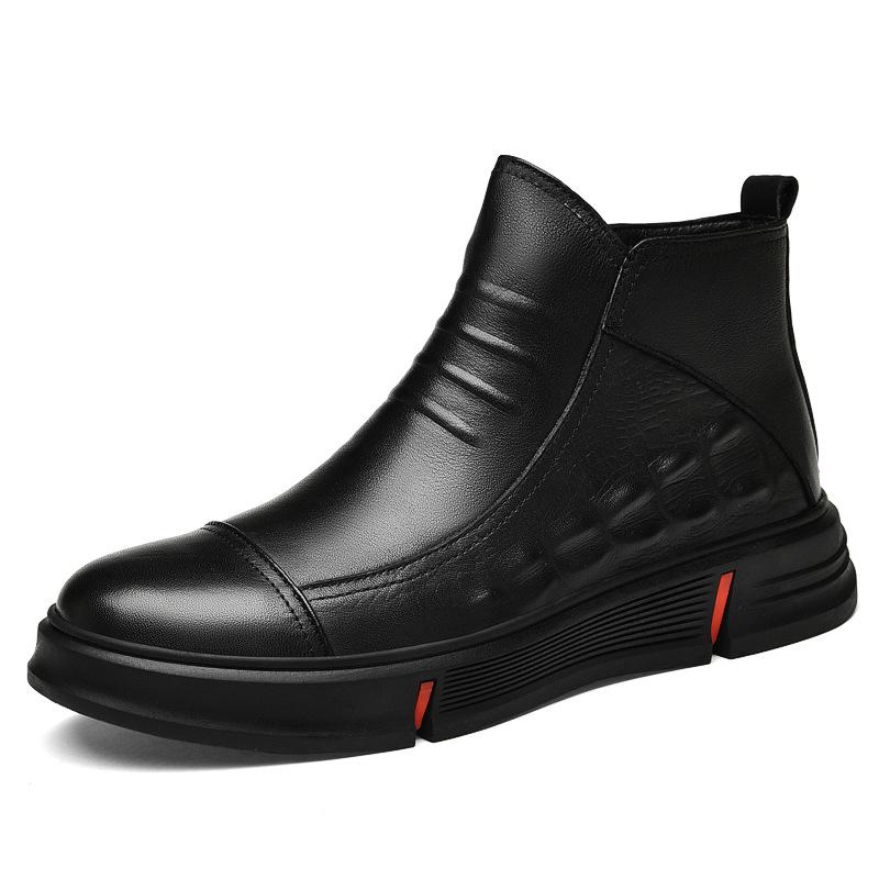 Men s Black High-Top British Style Cowhide Work Boots with Warm Velvet Lining 40