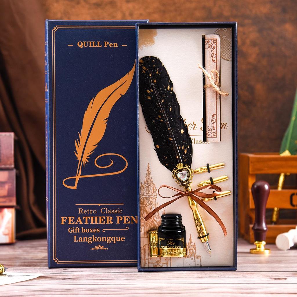 Blue Box Feather Gem Fountain Pen Gift Set: Original High-Value Calligraphy Practice Turkey Heart Dip Pen.