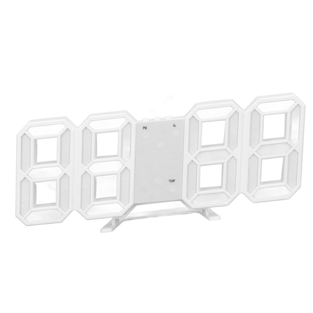 3D LED Wall Clock Minimalist White Frame Digital Wall Alarm Clock Timer with Temperature for Home Livingroom White Word