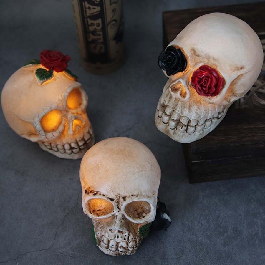 Halloween Skull Decoration Flower Rose Glowing LED Skull Shape Decoration Desktop For Terror Skull Party Home Outdoor Decor