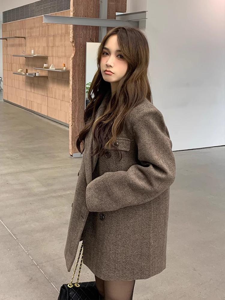 New Korean Chic Elegant Reversible Cashmere Coat Women Autumn Winter Loose Woolen Blazer Jackets Short Streetwear Clothes