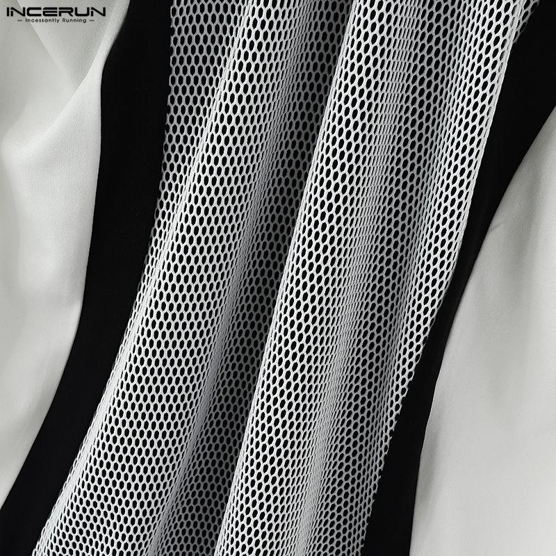 INCERUN Men T-Shirts V Collar Short Sleeve Netyarn Patchwork Casual Tops