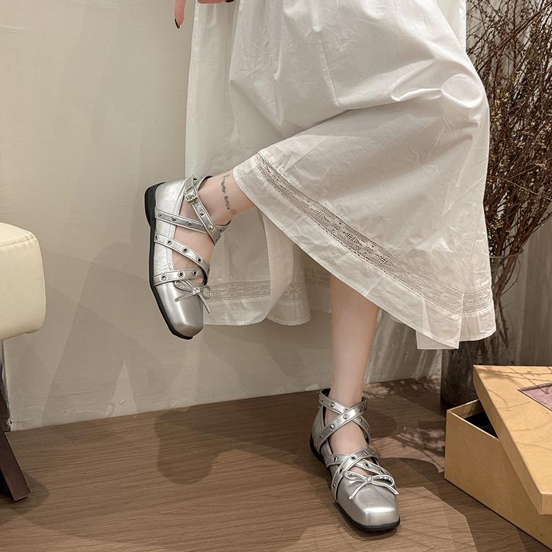 Fashion Silver bow small single shoes women's spring and summer new heightening real soft leather light mouth square head ballet shoes