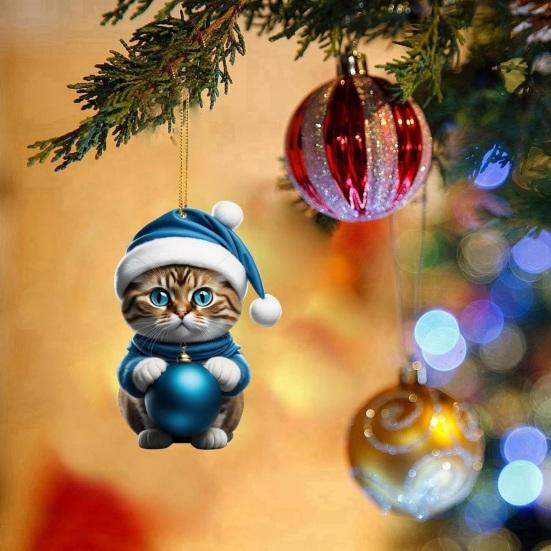 Christmas Cat Ornament Xmas Tree Decor Hanging Backpack Keychain Acrylic Holiday Accessory for Car Rearview Mirror Window Bag Key