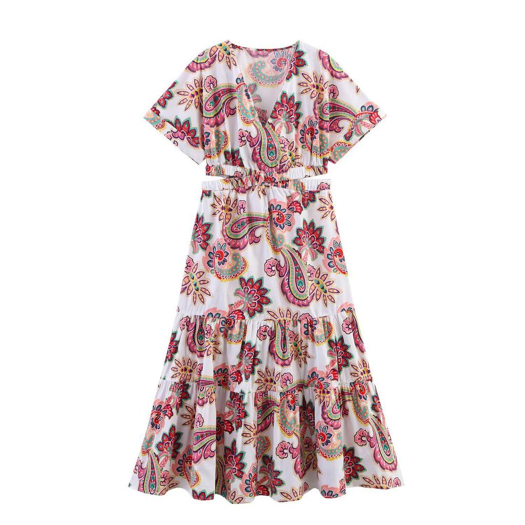 2025 Summer Women's European & American Style Fashion Print Slit Slimming Dress