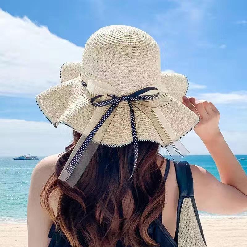 Flower Ribbon Sun Hat For Women's New Seaside Vacation Sweet Lace Sun Hat Summer Big Brim Straw Hat