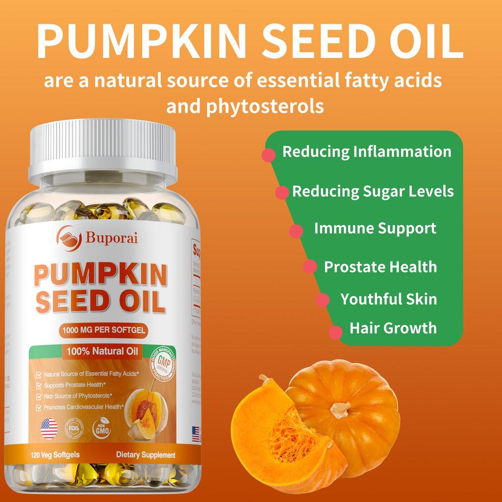 Pumpkin Seed Oil Capsules 2000mg for Brain Boost Prostate Urinary Function Health Cardiovascular Health Hair Growth Boost Metabolism