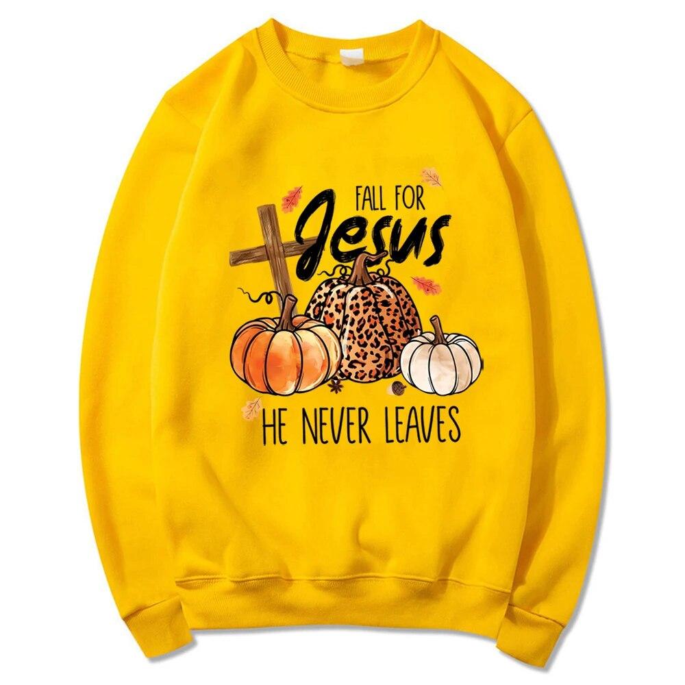 

Толстовка унісекс Fall for Jesus He Never Leaves Светр Fall for Jesus Pumpkins Світшот Осіння сорочка з леопардовим гарбузом Модний зимовий одяг для жінок 4XL