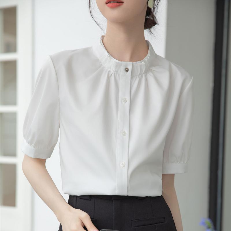 GMXIA Women's Blue Short Sleeve Shirt Summer Tops Premium Feeling Temperament Commuting Interview Career Small Shirt