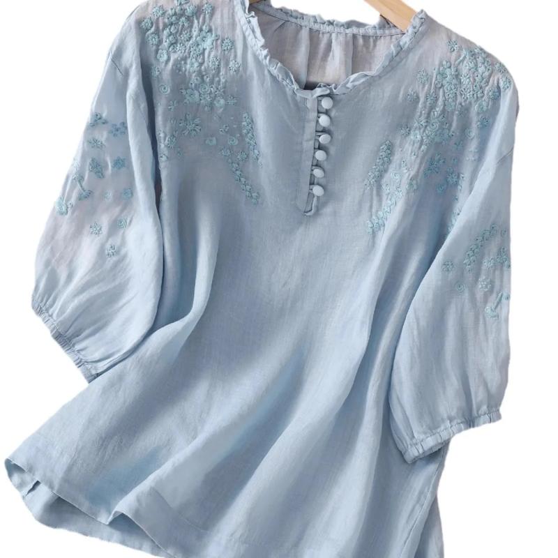 Ramie Kurzarm-T-Shirt Damen Schwere Industrie Stickerei Spitze Dünne Baumwoll-Leinen-Hemd Top