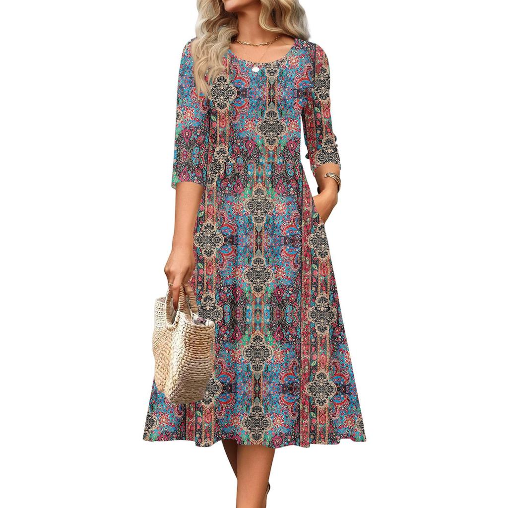 Rochie de damă cu mâneci 3/4, casual, fluidă, în A, midi, tip tricou, cu buzunare, cu gât rotund, pentru vacanță, boho, de plajă, de vară