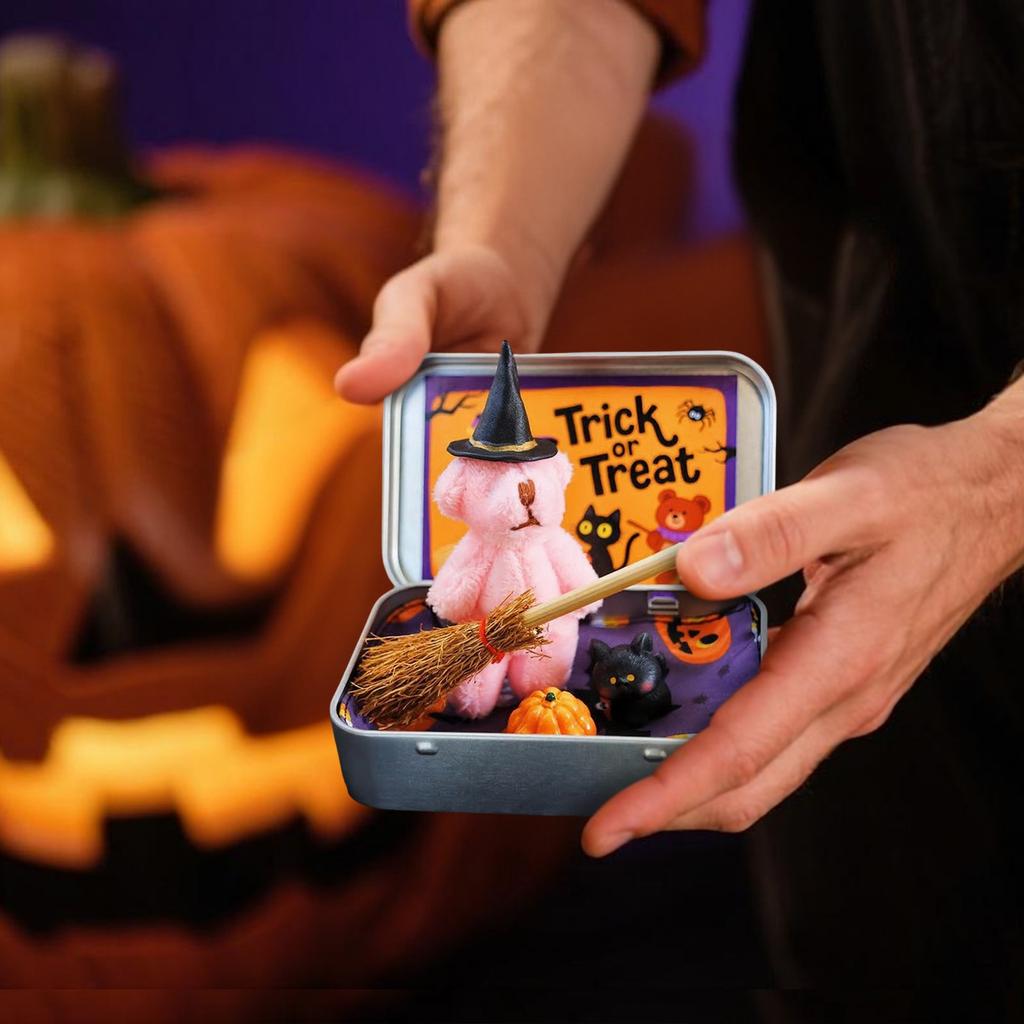 Halloween Bear In Box For Trick Or Treating With Witch Blanket Cloak Pumpkin And Cat