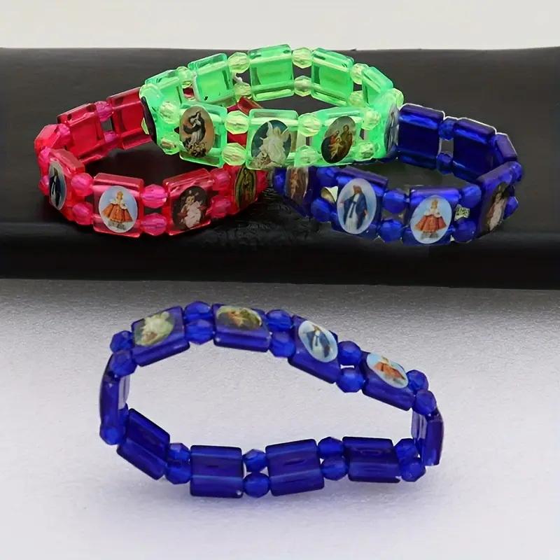 Vintage Jesus And Virgin Mary Pvc Rosary Bead Bracelet With Elastic Band Religious Image Stickers For Daily Wear Parties