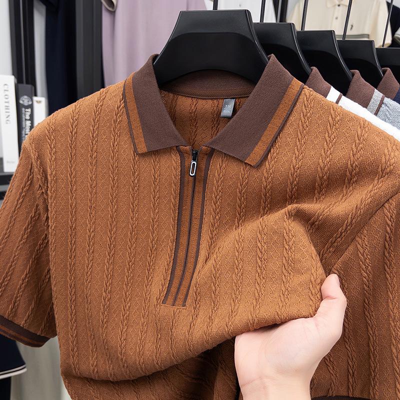 Men s Striped Knit Polo Shirt - Short-Sleeve, Collared, Half-Zip, Textured & Breathable M