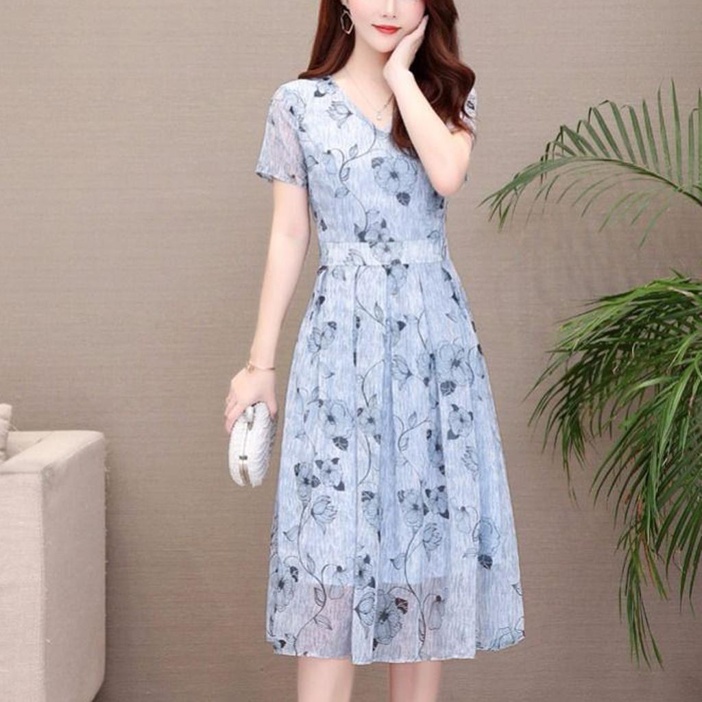 Fashion Casual Women O-Neck Short Sleeve Ladies Loose  Print Knee Length Dress