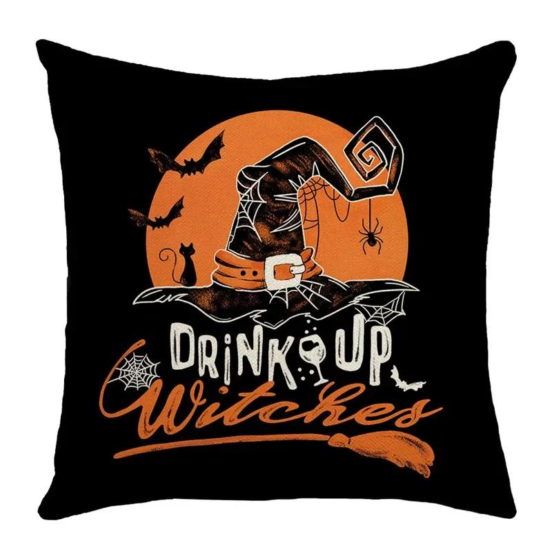 40/45/50cm Halloween Party Decorations Linen Pillowcase for Sofa Black Witch Ghost Print Throw Pillow Cover Home Decor