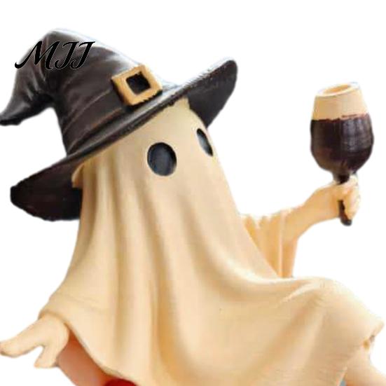 Decorative Bar Accessories Cute Ghost Figurine, Sitting on Pumpkin Statue with Witch Halloween Party Table Centerpieces Hat, Resin Tabletop