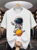Cute Astronaut On Saturn Print Men Women Summer Fashion T-shirt Space Graphic Cotton Short Sleeve Tee Casual Tops
