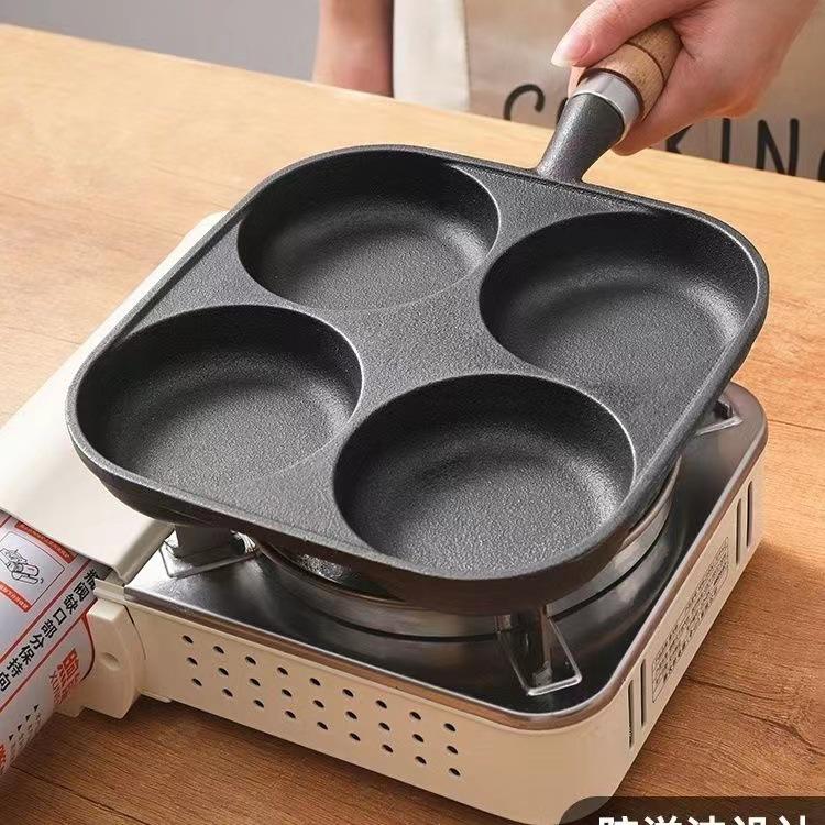 Cast Iron 4-Hole Frying Pan for Burgers, Eggs & Pancakes - Universal Induction Cooker Safe