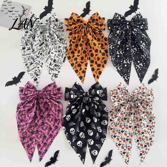 Bow Hairpin for Halloween Spring Hair Clips Women, Pumpkin Skeleton Ghost Hand Printed Festive Accessory Fabric Barrettes, Cute Horror Accessories