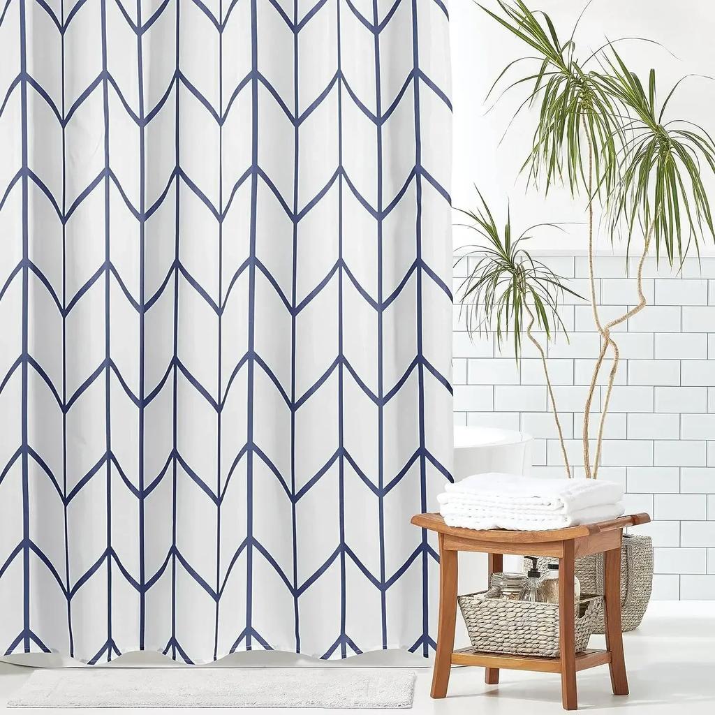 Fabric Geometric Shower Curtain, Mid-Century Modern Geometric Herringbone Chevron Blue Black Gray Square Bathroom Decoration