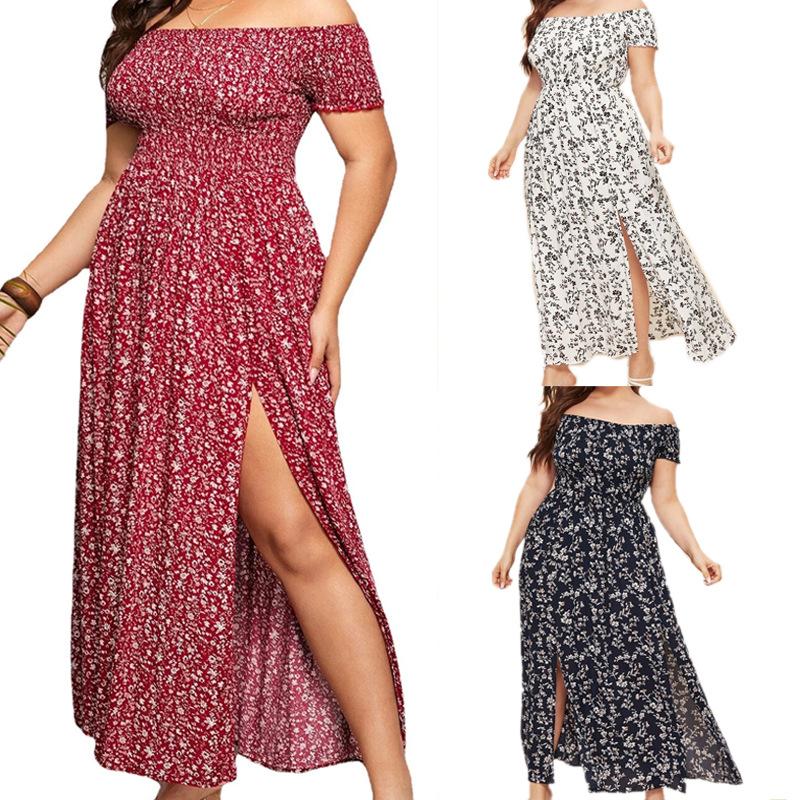 Summer Dress Plus Size Casual Bohemian Printed Strapless One Neck Split Dress Long Floral Dress