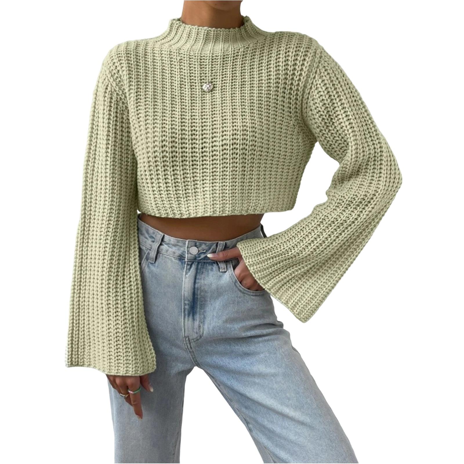 

Women s Solid Color Casual Versatile Bell Sleeve Knitted Short Sweater S