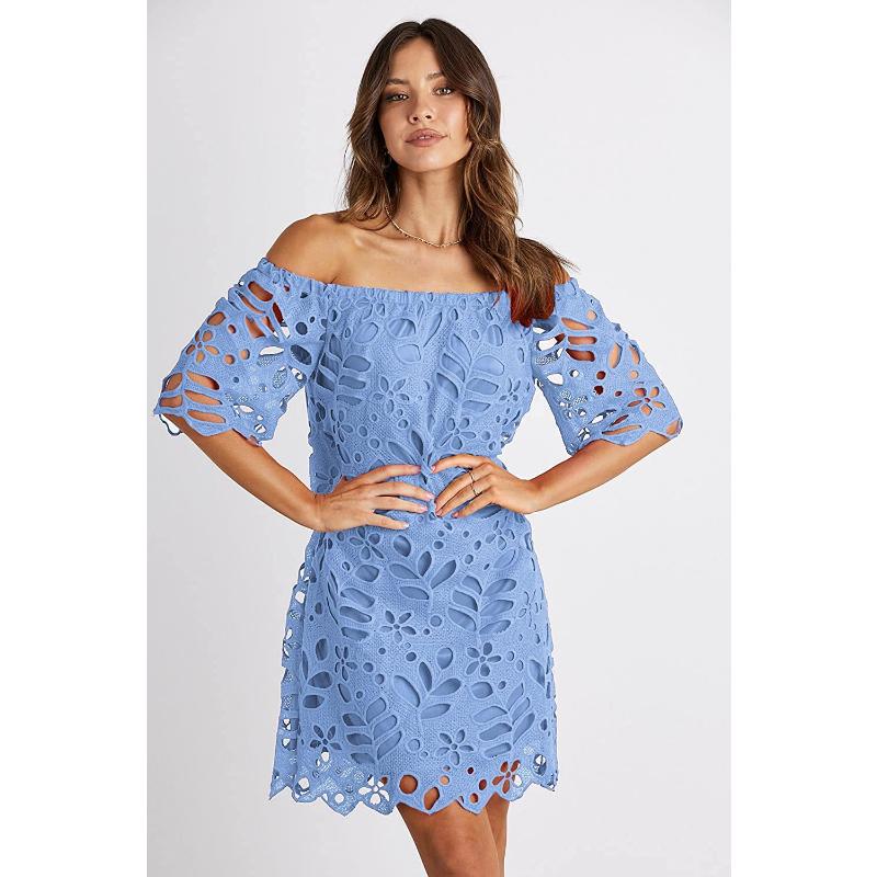 Mini Abito Estivo da Donna Scollo Bardot con Pizzo Floreale a Occhiolino Scollato Manica Corta Casual per Spiaggia Vacanza Festa