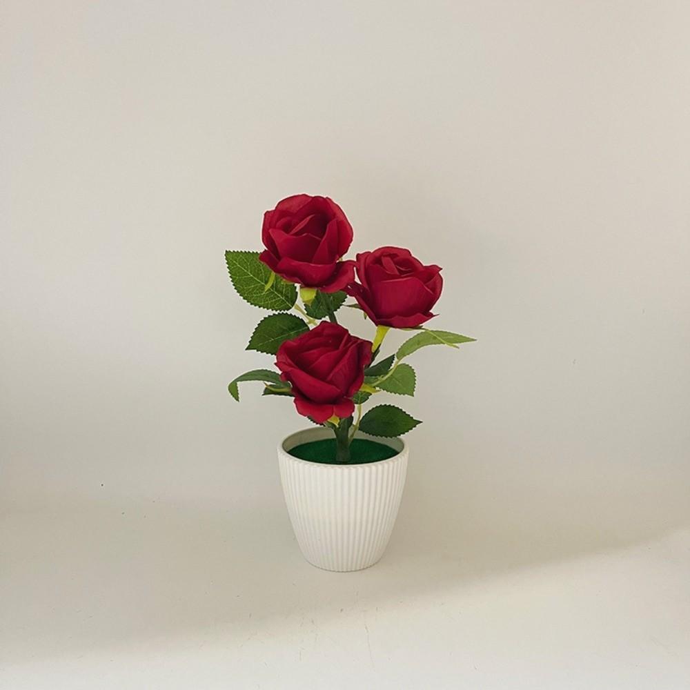 Multi-Bloom Artificial Rose Potted Flowers Red Plastic Fake Flower Home Decor