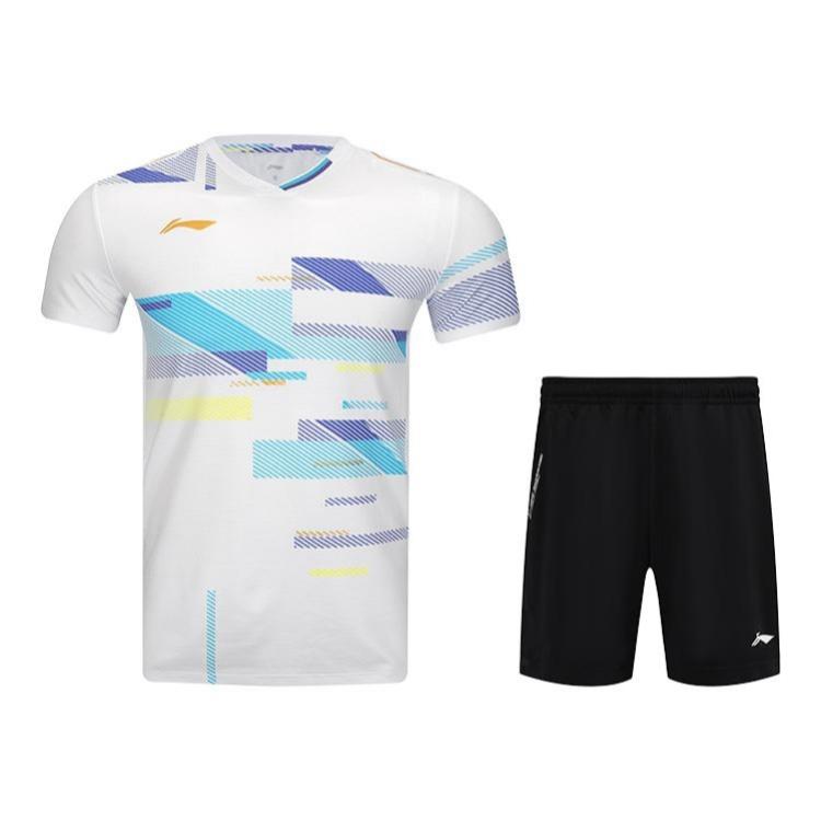 

Li-Ning Геометрическая футболка с коротким рукавом и V-образным вырезом, быстросохнущая и охлаждающая, удобные и прочные спортивные шорты, бадминтонный костюм AAYV031-2+AAPU133-1 S