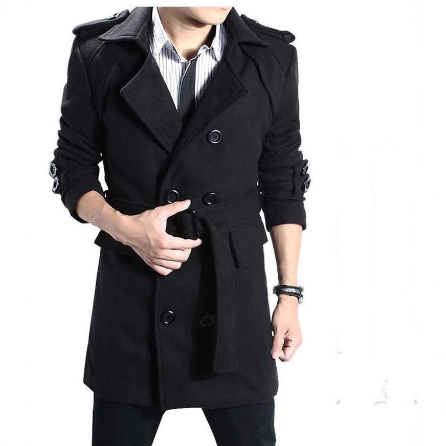 Pánský vlněný větrovkový kabát střední délky s páskem a nárameníkem, model 2023, úzký střih, stylový a všestranný, velikost 3XL