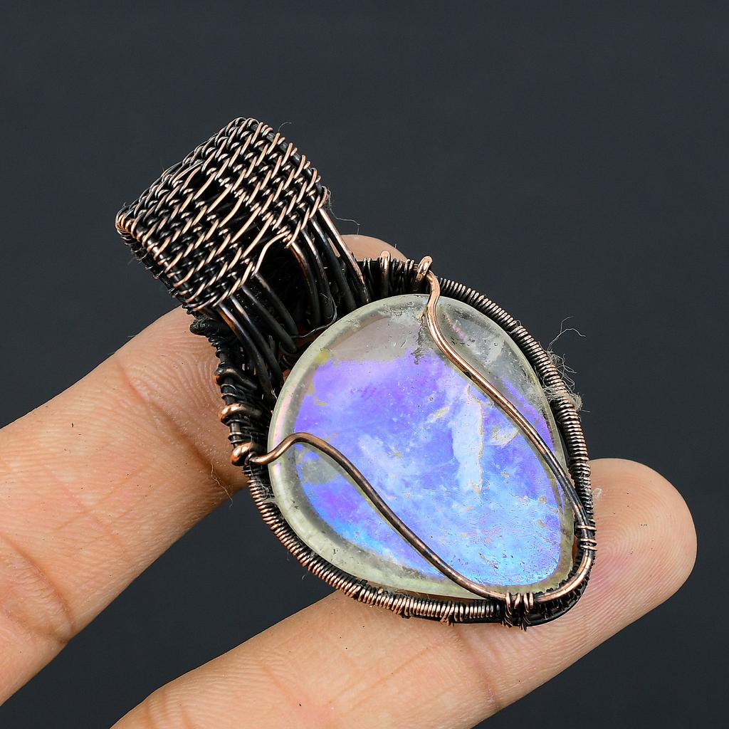 Natural Rainbow Moonstone Gemstone Copper Wire Wrap Pendant Gift 2.35" d8I87
