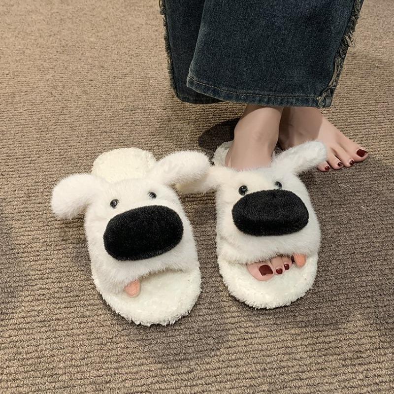 Fashion Women One Word Slippers Autumn Winter Cute Cartoon Lightweight Comfortable Plush Shoes Indoor Warm Non Slip Home Cotton Slippers