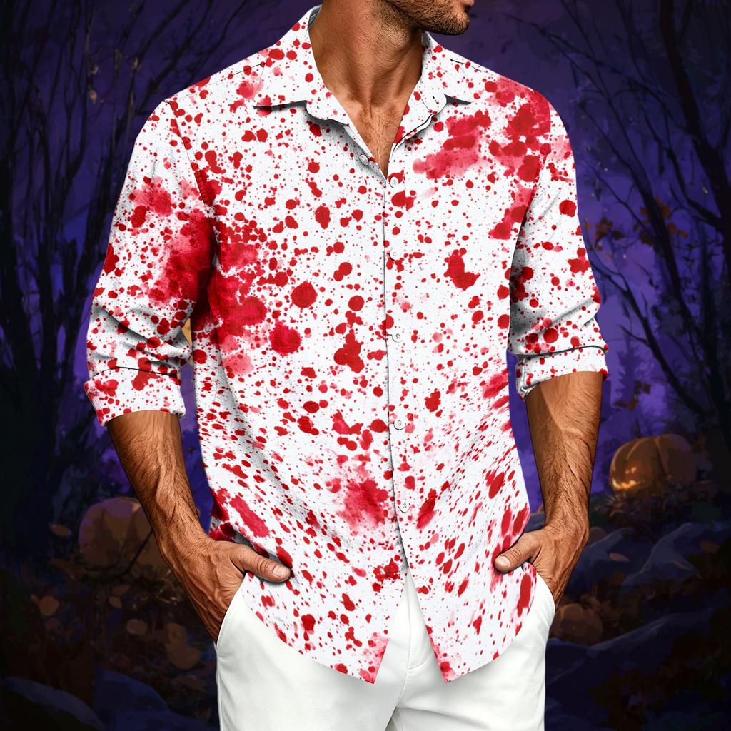 Men's Casual Long Sleeve Print Shirt with Halloween Design for Spring and Fall