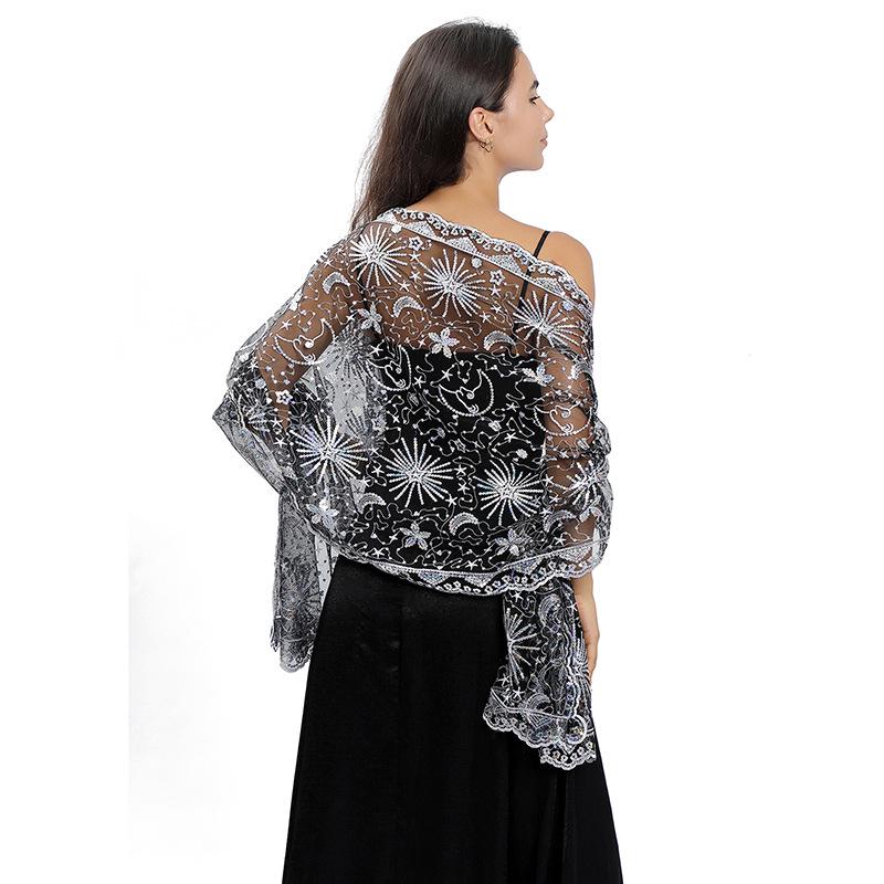 Elegant Star and Moon Embroidered Shawl for Weddings and Evenings