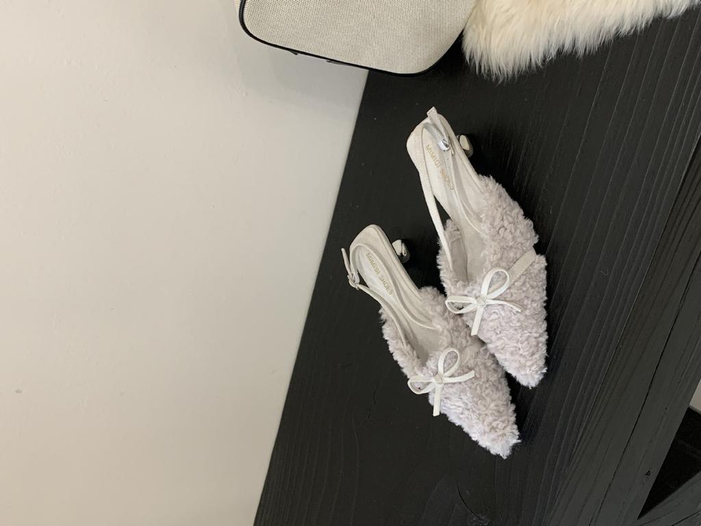 2025 Autumn and Winter New Pointed Thin Heel Plush Sandals European and American Fashion Bow Sweet Bag Head High Heel Fluffy Shoes