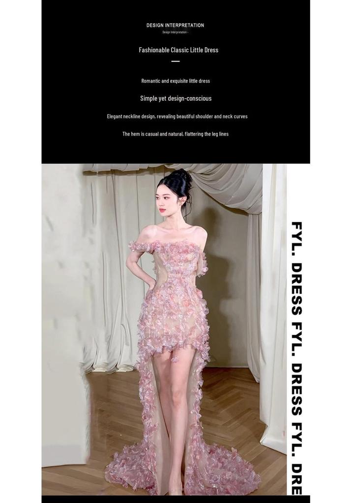 2026 French Pink One-Shoulder Strapless Dress: Elegant High-End Party & Engagement Attire