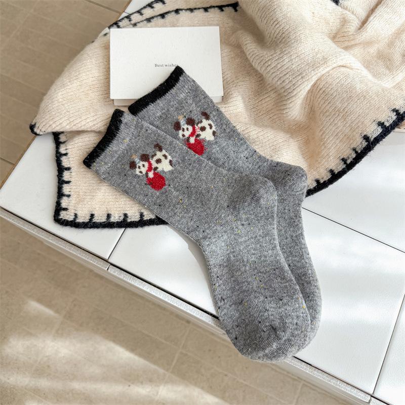 Grey Cute Christmas Dog Socks for Women, Thick and Warm Wool Mid-calf Socks for Autumn and Winter, Pile Socks with Burken Shoes