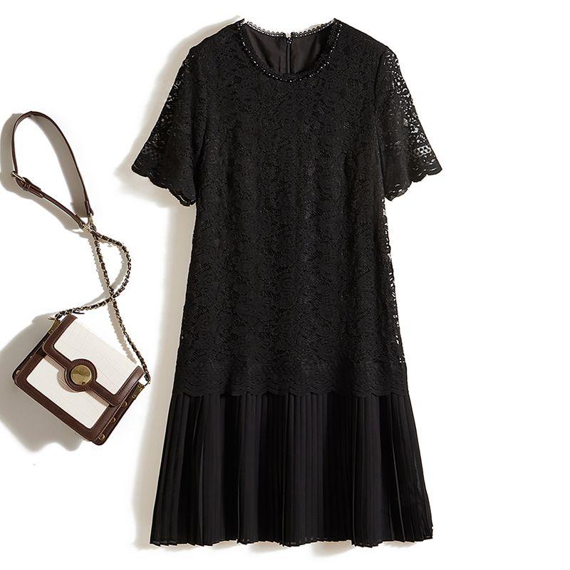 

Princess Hepburn Black Dress! Women Stitched Pattern Lace round Neck Fake Two Pieces Pleat Patchwork Dress Elegant Slimming Black 4XL
