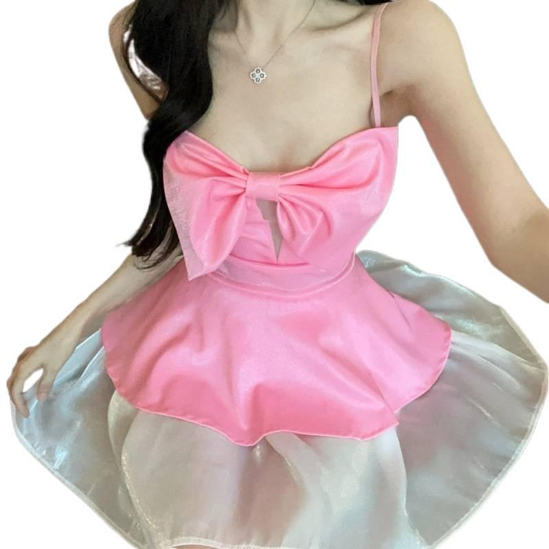 Bow-Knot Sling Dress with Chest Pads: Slim Fit, Waist-Cinching A-Line Short Skirt