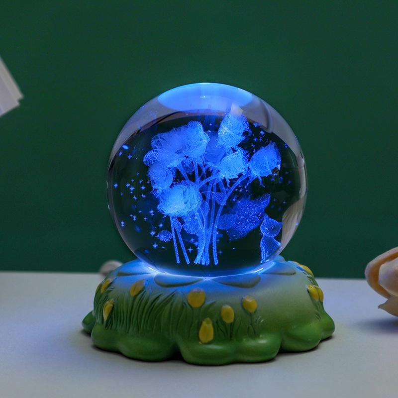 Tulip Crystal Ball 3D Night Light - Luminous Bedroom Ornament & Birthday Gift for Girls