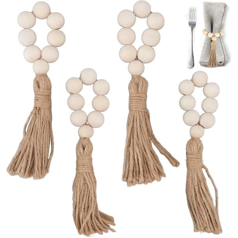 

4Pcs Wood Bead Jute Tassel Napkin Ring, Natural Country Style Table Decoration Wedding, Family Farmhouse Style Napkin Clip