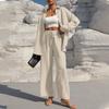 Women's Fashion Solid Color Long Sleeved Button Cardigan Top Elastic Waist Casual Pants Two-piece Set